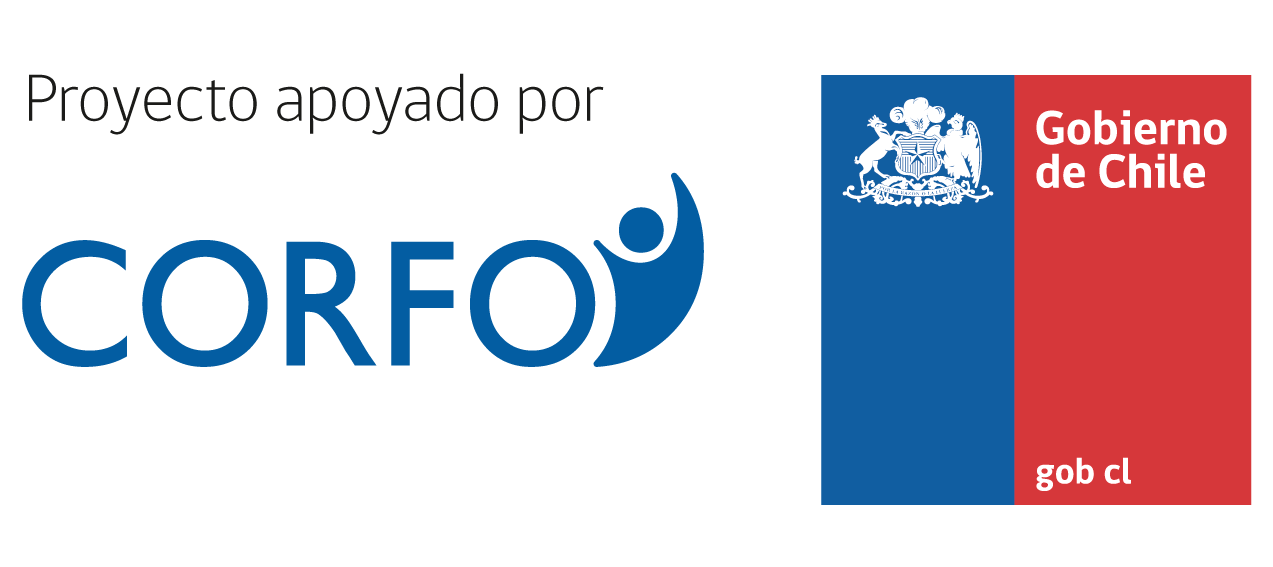 Logotipo de Corfo. Las letras de "proyecto apoyado por" en color negro,
                    las letras “Corfo” en color azul y el logotipo del Gobierno de Chile en color azul con rojo con el escudo
                    en color blanco.