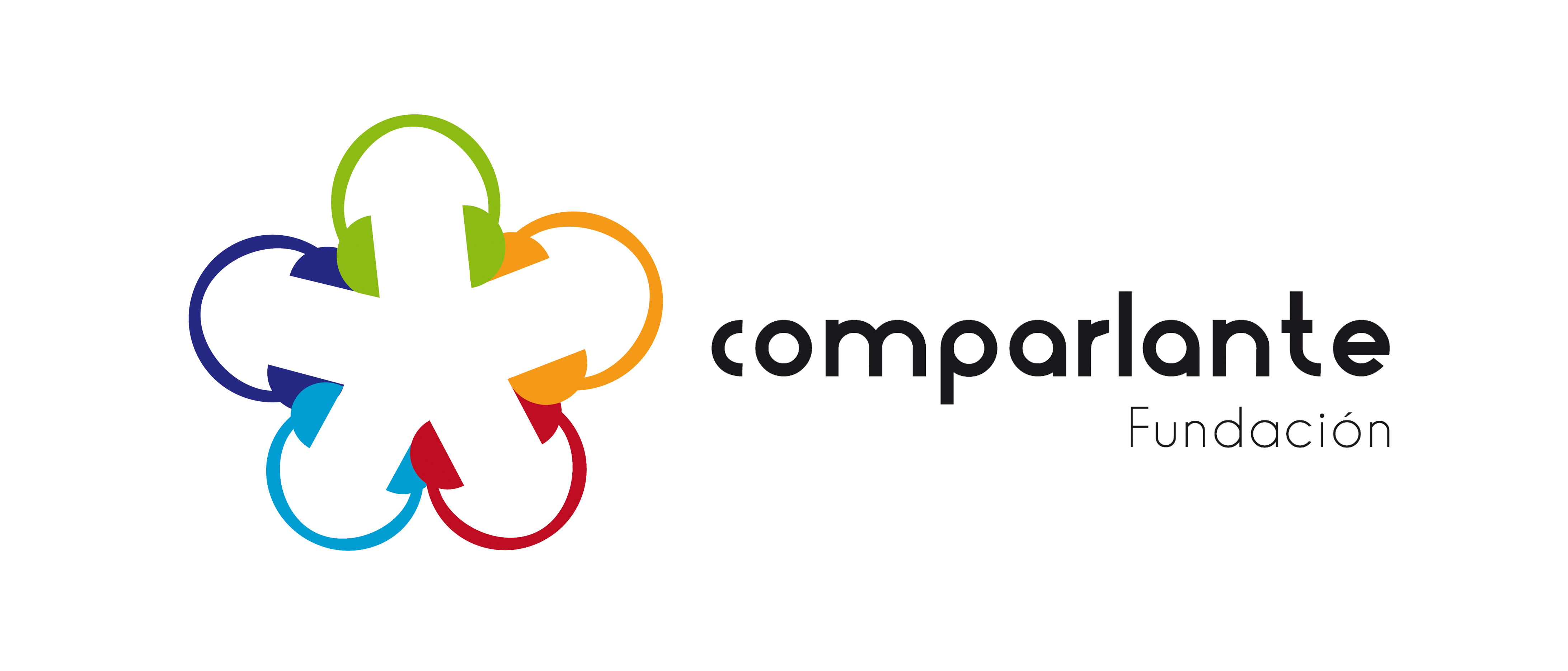 Logotipo de Fundación Comparlante. Las letras de "Comparlante
fundación" en color negro, el logo está compuesto de audífonos formando un círculo con los colores
verde, azul, celeste, rojo y naranja