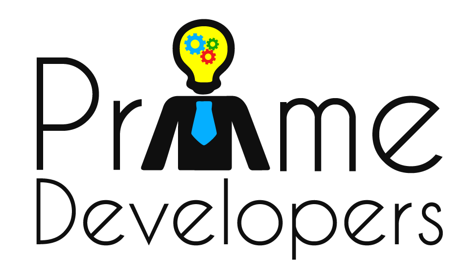 Logotipo de Prime Developers. Las letras de "Prime Developers"
en color negro, la letra I es reemplazada por una forma que representa un oficinista con los bordes en
color negro, corbata azul y la cabeza con forma de ampolleta con los colores amarillo, verde y rojo