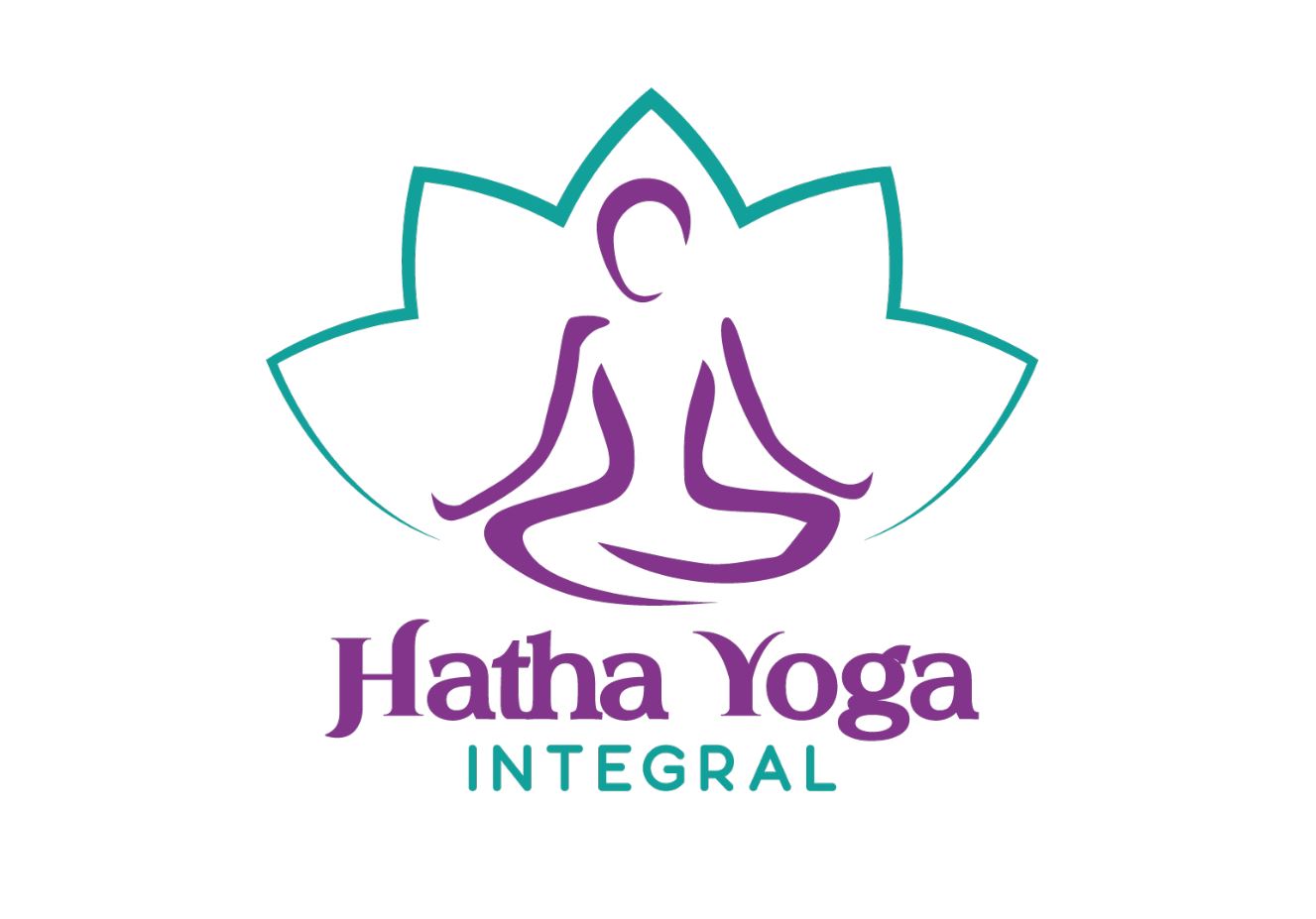 logo de hatha yoga, un dibujo de flor de loto con una persona meditando en su interior